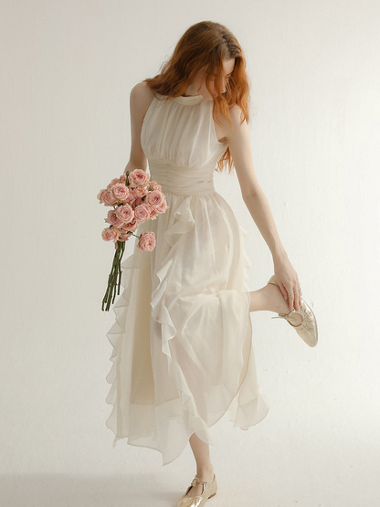 Ivory Chiffon Halter Dresses with Halter Neck Ruched Waist and Tiered Ruffle Skirt