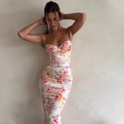 Ivory Floral Print Spaghetti Strap Sweetheart Neck Ruched Midi Prom Dress