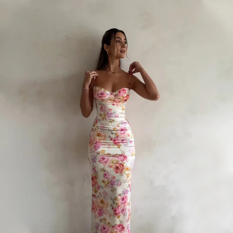 Ivory Floral Print Spaghetti Strap Sweetheart Neck Ruched Midi Prom Dress