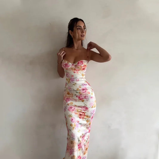 Ivory Floral Print Spaghetti Strap Sweetheart Neck Ruched Midi Prom Dress