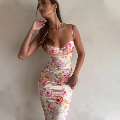 Ivory Floral Print Spaghetti Strap Sweetheart Neck Ruched Midi Prom Dress