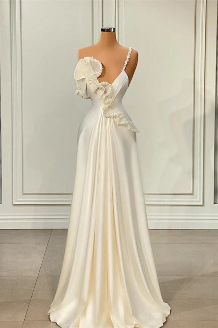 Ivory One Shoulder Prom Dress With Ruffled Beaded Detail And Elegant Satin Mermaid Formal Prom Dress