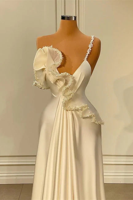 Ivory One Shoulder Prom Dress With Ruffled Beaded Detail And Elegant Satin Mermaid Formal Prom Dress