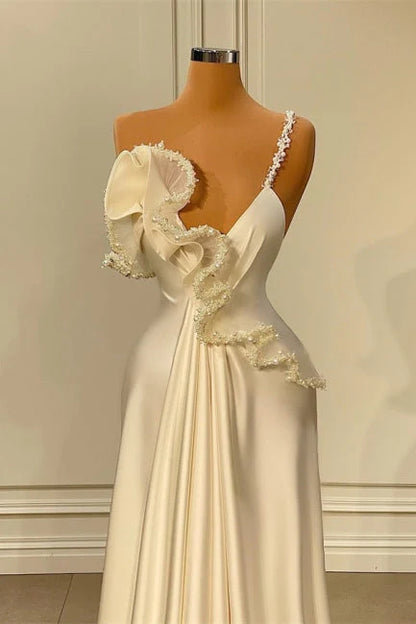 Ivory One Shoulder Prom Dress With Ruffled Beaded Detail And Elegant Satin Mermaid Formal Prom Dress
