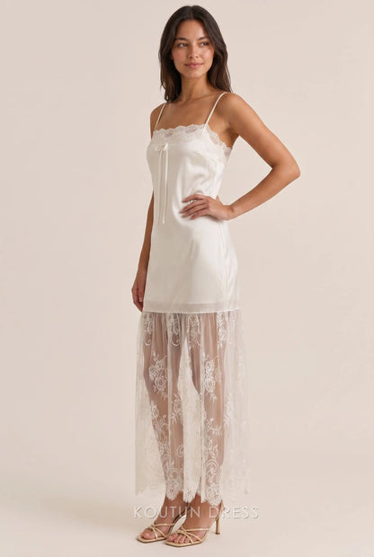 Ivory Satin Slip Square Neck Spaghetti Strap Lace Trim Open Back Sheer Floral Lace Maxi Formal Evening Prom Dress