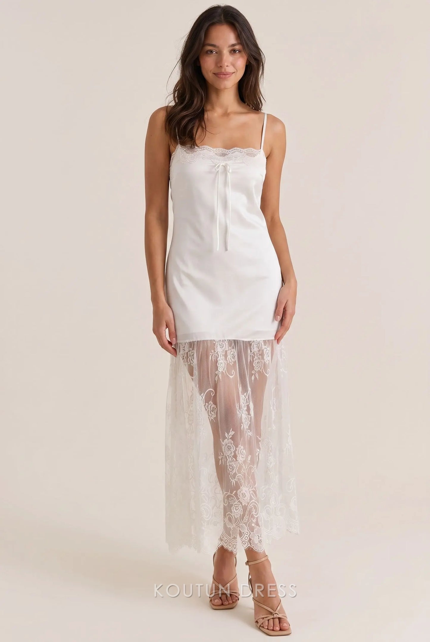 Ivory Satin Slip Square Neck Spaghetti Strap Lace Trim Open Back Sheer Floral Lace Maxi Formal Evening Prom Dress