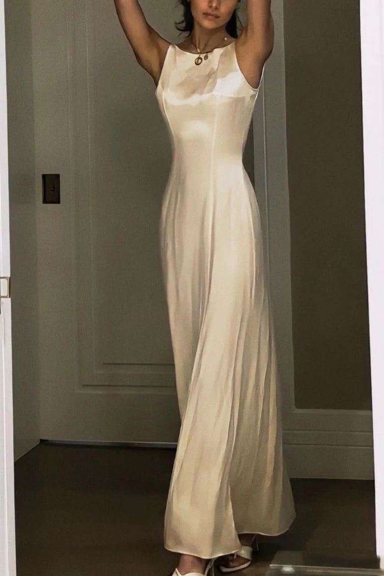 Ivory Sleeveless Round Neck Satin Mermaid Minimalist Long Prom Dress