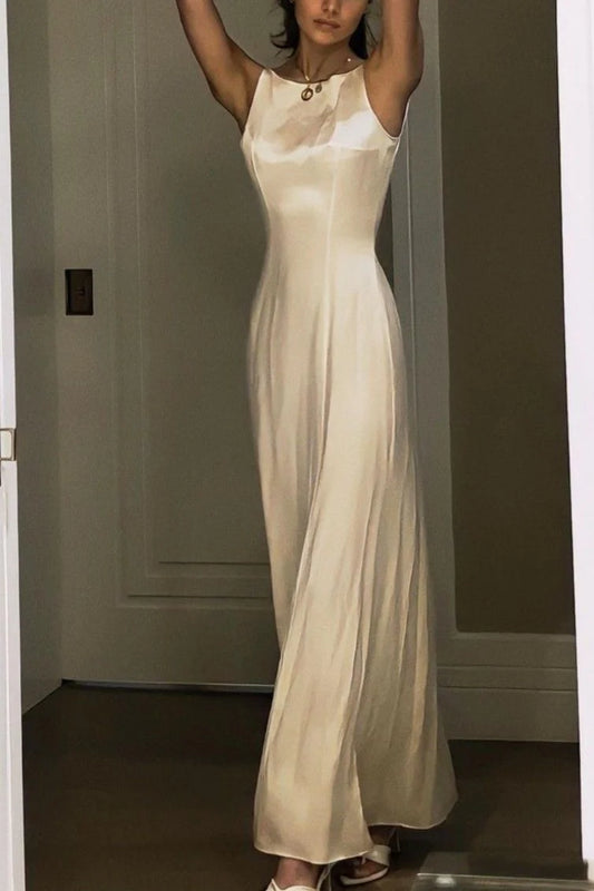Ivory Sleeveless Round Neck Satin Mermaid Minimalist Long Prom Dress