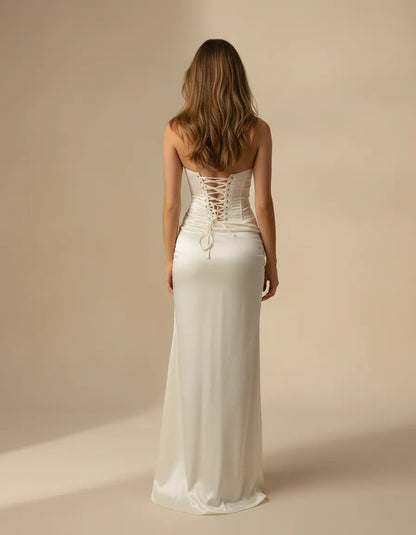 Ivory Strapless Satin Prom Dresses with Lace Trim Corset Lace Up Back Twist Waist Front Slit for Prom and Wedding