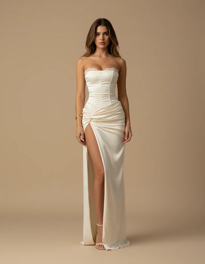 Ivory Strapless Satin Prom Dresses with Lace Trim Corset Lace Up Back Twist Waist Front Slit for Prom and Wedding
