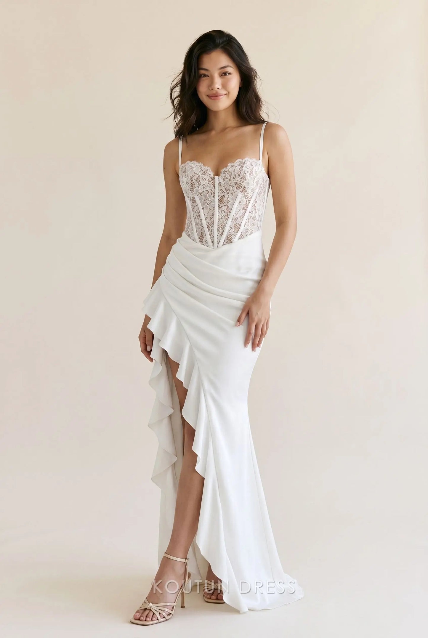 Ivory White Spaghetti Strap Sweetheart Neck Lace Corset High Slit Ruffle Satin Mermaid Maxi Prom Dress