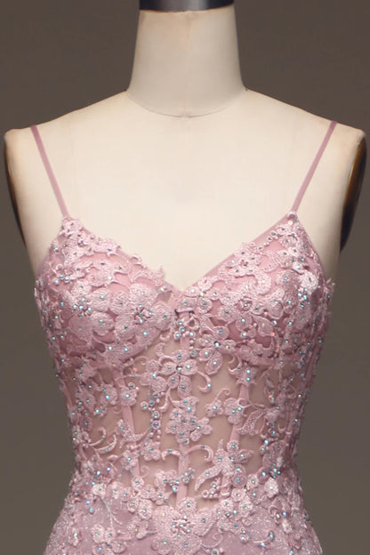 Glitter Blush Mermaid Spaghetti Straps Long Prom Dress with Beading