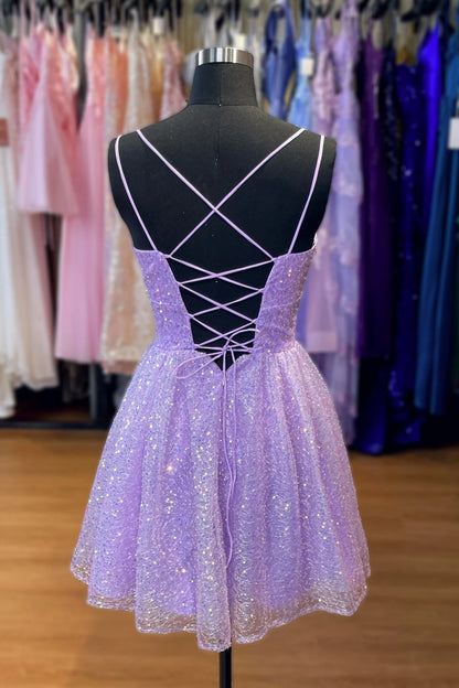 Koutun Dress Double Straps Lavender Lace-Up Back Tulle Short Homecoming Dress