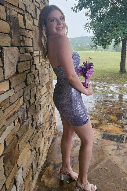 Koutun Dress Strapless Purple Sequin Bodycon Short Dress Homecoming Dress