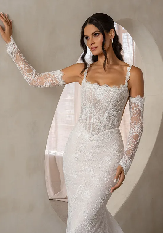 Lace Mermaid Detachable Sleeve Low Back Wedding Dress