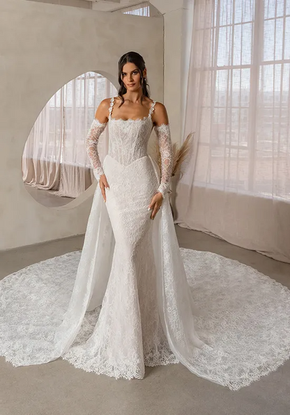 Lace Mermaid Detachable Sleeve Low Back Wedding Dress