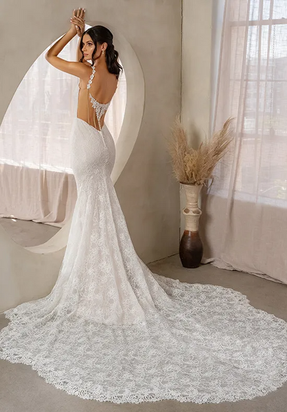 Lace Mermaid Detachable Sleeve Low Back Wedding Dress