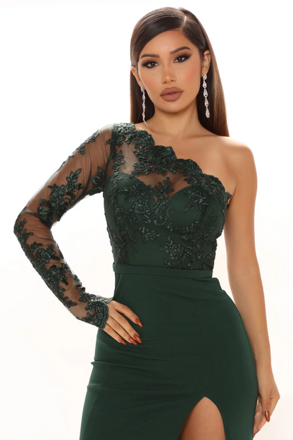 Lace Mermaid One-shoulder Long-sleeve Slit Maxi Evening Dress