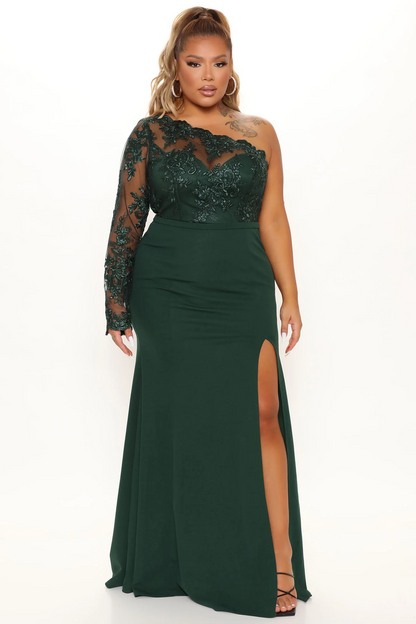 Lace Mermaid One-shoulder Long-sleeve Slit Maxi Evening Dress