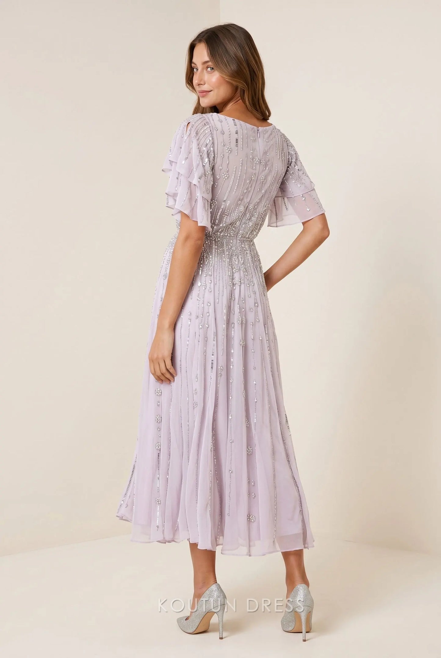 Lavender Chiffon Cowl Neck Layered Ruffle Short Sleeve Vertical Beaded Midi A Line Prom Dress