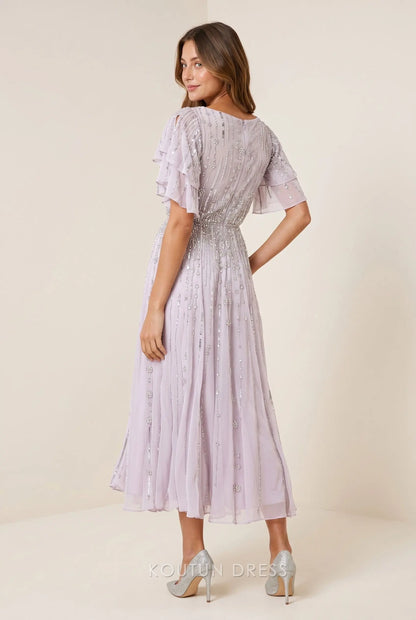 Lavender Chiffon Cowl Neck Layered Ruffle Short Sleeve Vertical Beaded Midi A Line Prom Dress