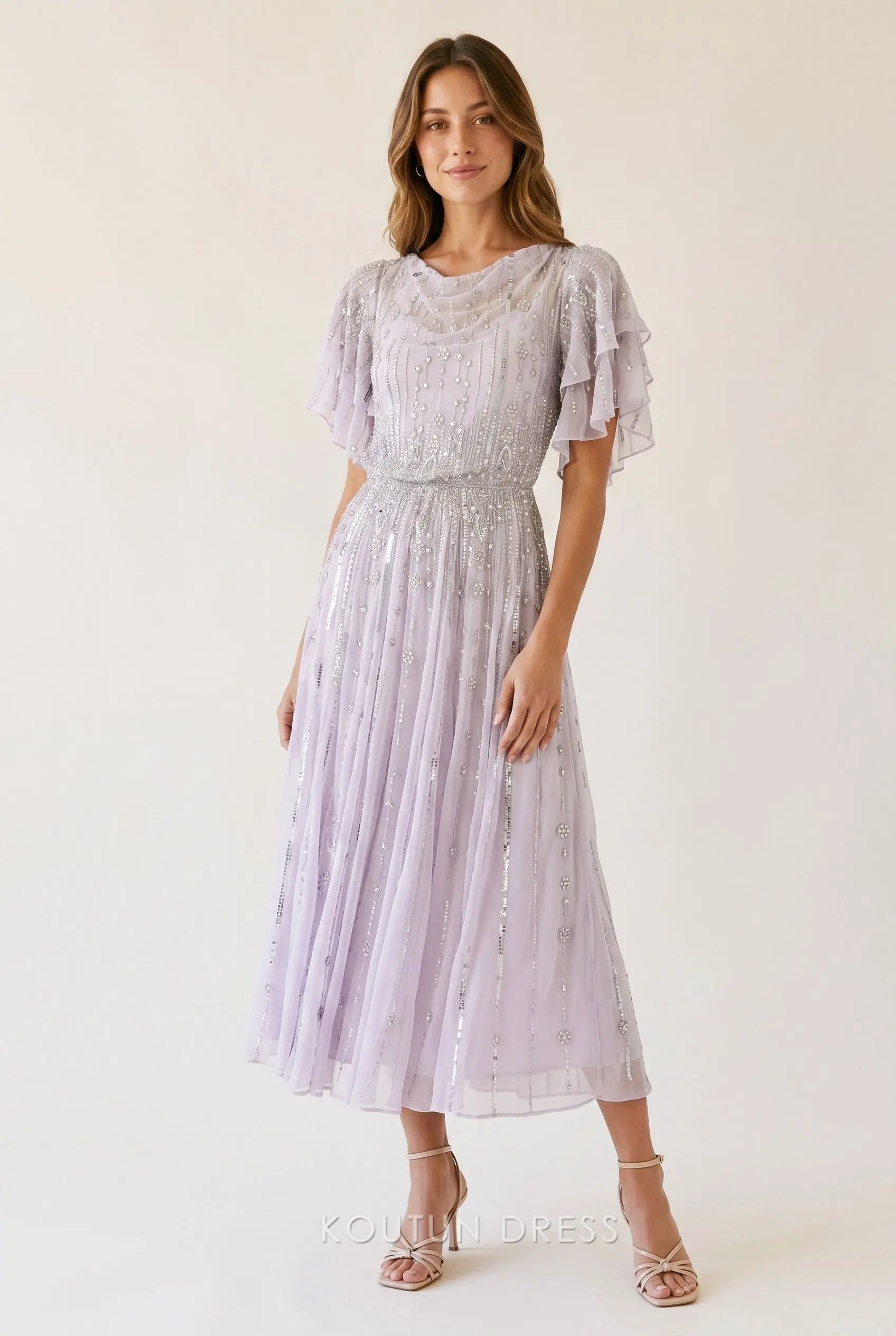 Lavender Chiffon Cowl Neck Layered Ruffle Short Sleeve Vertical Beaded – Koutun Dress