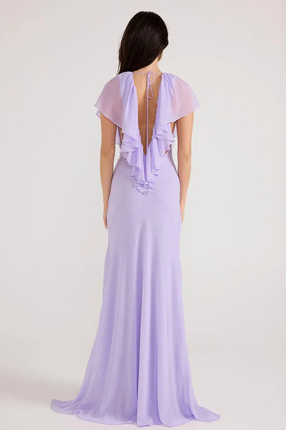 Lavender Chiffon Maxi Prom Dresses with Deep V Neck Ruffle Trim Tie Back Mermaid Skirt for Prom and Garden Wedding
