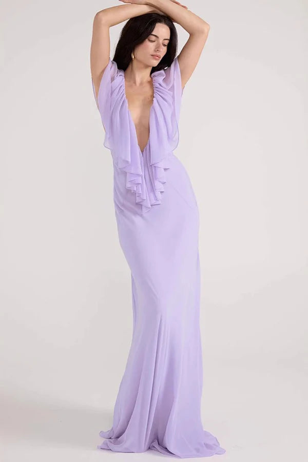Lavender Chiffon Maxi Prom Dresses with Deep V Neck Ruffle Trim Tie Back Mermaid Skirt for Prom and Garden Wedding