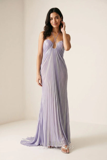 Lavender Halter Keyhole Neck Pleated Metallic Chiffon Lace Up Back Mermaid Floor Length Prom Dress