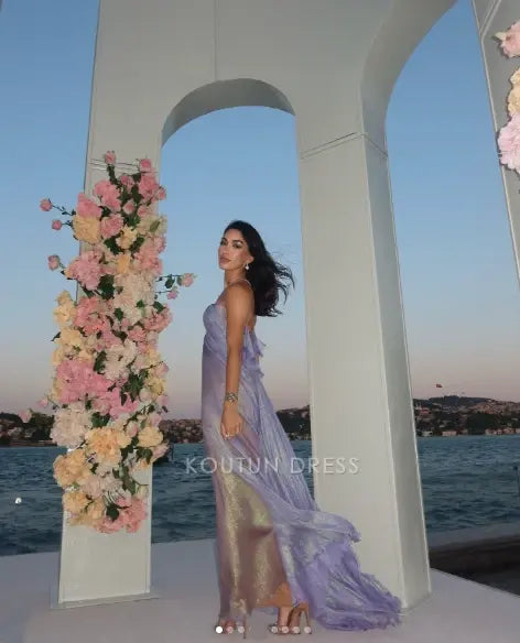 Lavender Halter Keyhole Neck Pleated Metallic Chiffon Lace Up Back Mermaid Floor Length Prom Dress