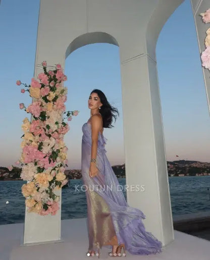 Lavender Halter Keyhole Neck Pleated Metallic Chiffon Lace Up Back Mermaid Floor Length Prom Dress
