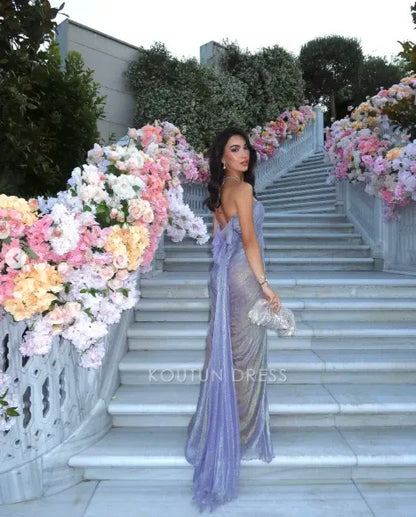 Lavender Halter Keyhole Neck Pleated Metallic Chiffon Lace Up Back Mermaid Floor Length Prom Dress