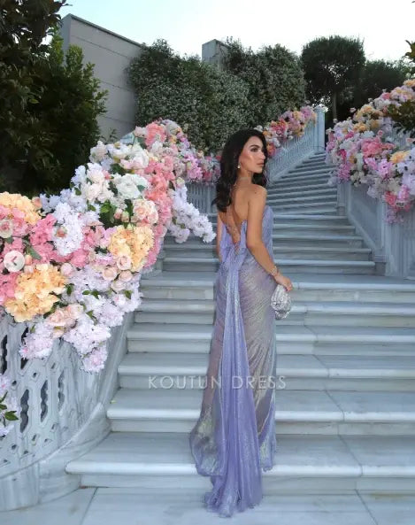 Lavender Halter Keyhole Neck Pleated Metallic Chiffon Lace Up Back Mermaid Floor Length Prom Dress
