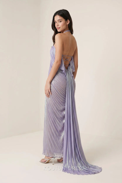 Lavender Halter Keyhole Neck Pleated Metallic Chiffon Lace Up Back Mermaid Floor Length Prom Dress