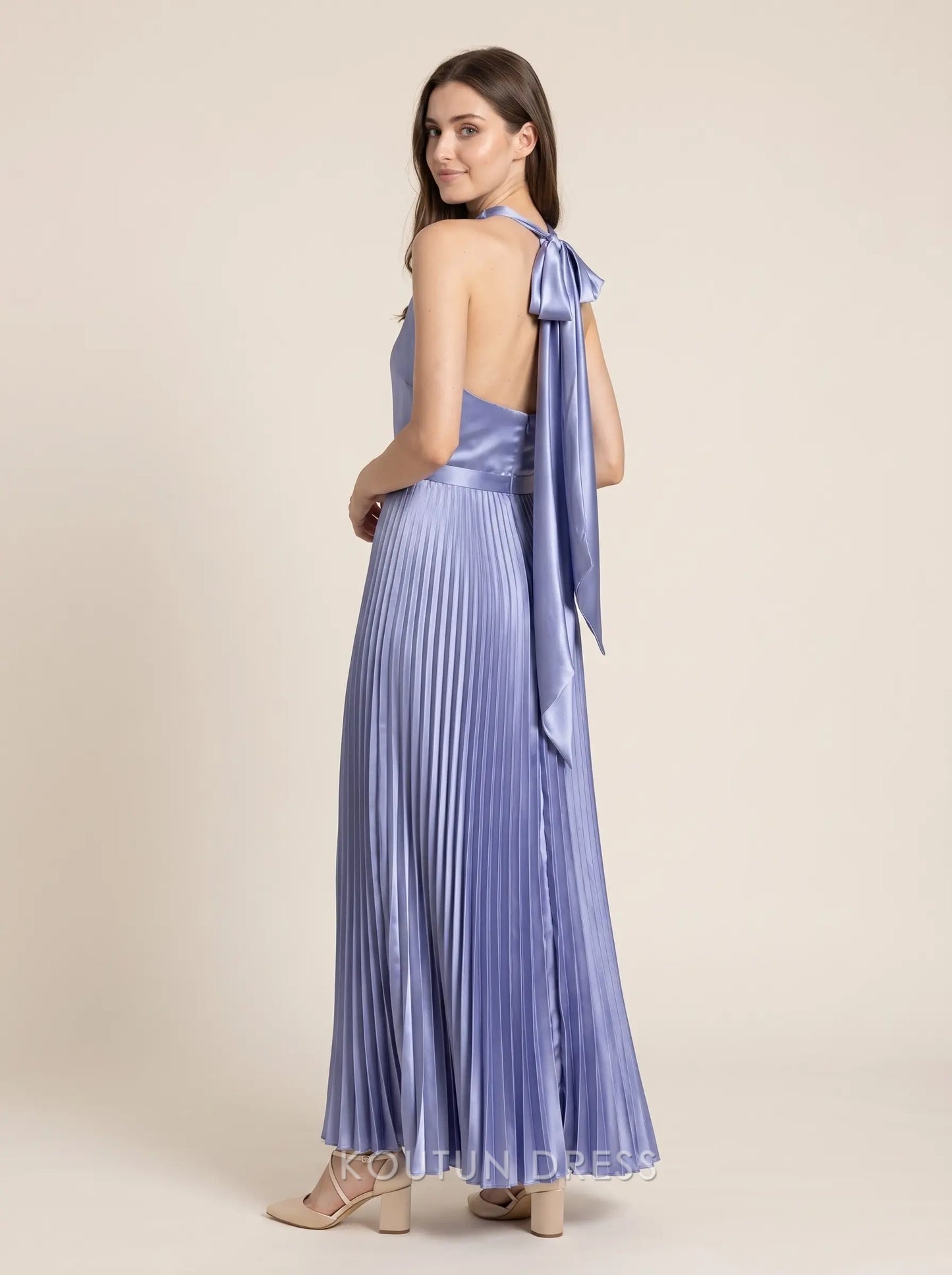 Lavender Halter Neck Cowl Neck Backless Bow Accent Pleated Satin Floor Length Formal Evening Prom Dress