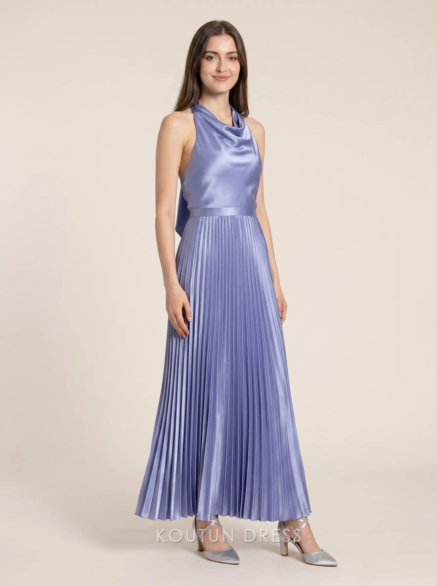 Lavender Halter Neck Cowl Neck Backless Bow Accent Pleated Satin Floor Length Formal Evening Prom Dress