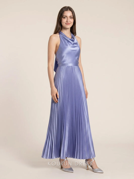 Lavender Halter Neck Cowl Neck Backless Bow Accent Pleated Satin Floor Length Formal Evening Prom Dress
