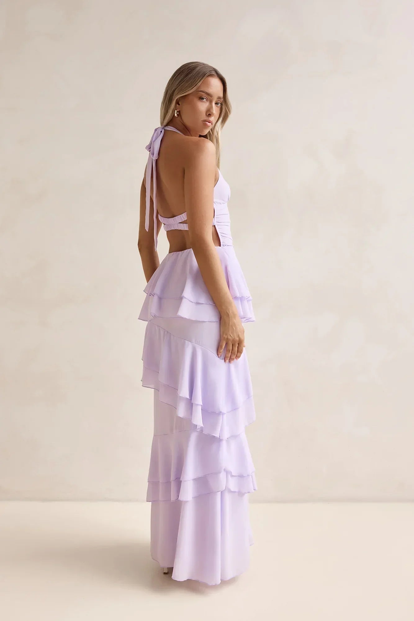 Lavender Halter Neck Tiered Ruffle Open Back Tie Floor Length Formal Evening Prom Dress