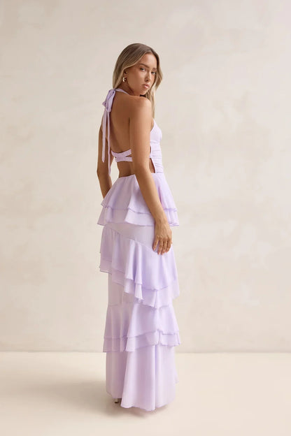 Lavender Halter Neck Tiered Ruffle Open Back Tie Floor Length Formal Evening Prom Dress
