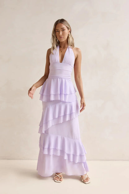 Lavender Halter Neck Tiered Ruffle Open Back Tie Floor Length Formal Evening Prom Dress