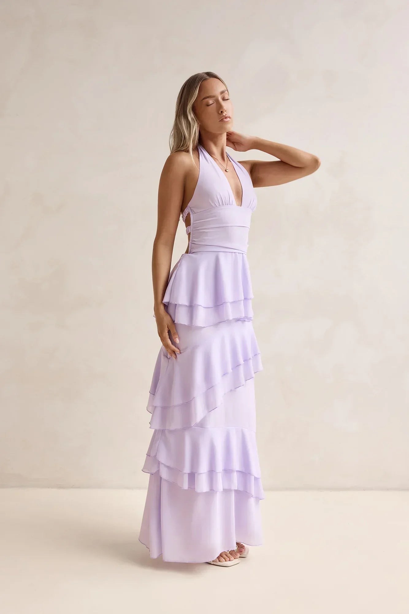 Lavender Halter Neck Tiered Ruffle Open Back Tie Floor Length Formal Evening Prom Dress
