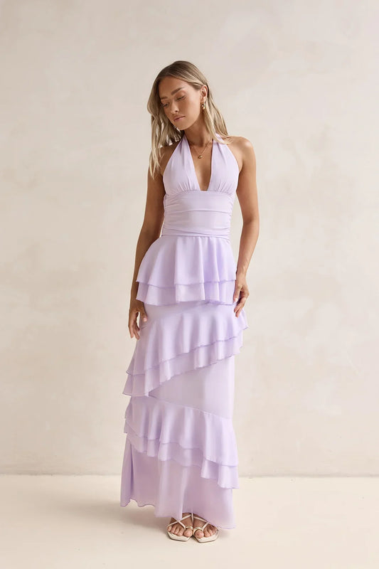 Lavender Halter Neck Tiered Ruffle Open Back Tie Floor Length Formal Evening Prom Dress