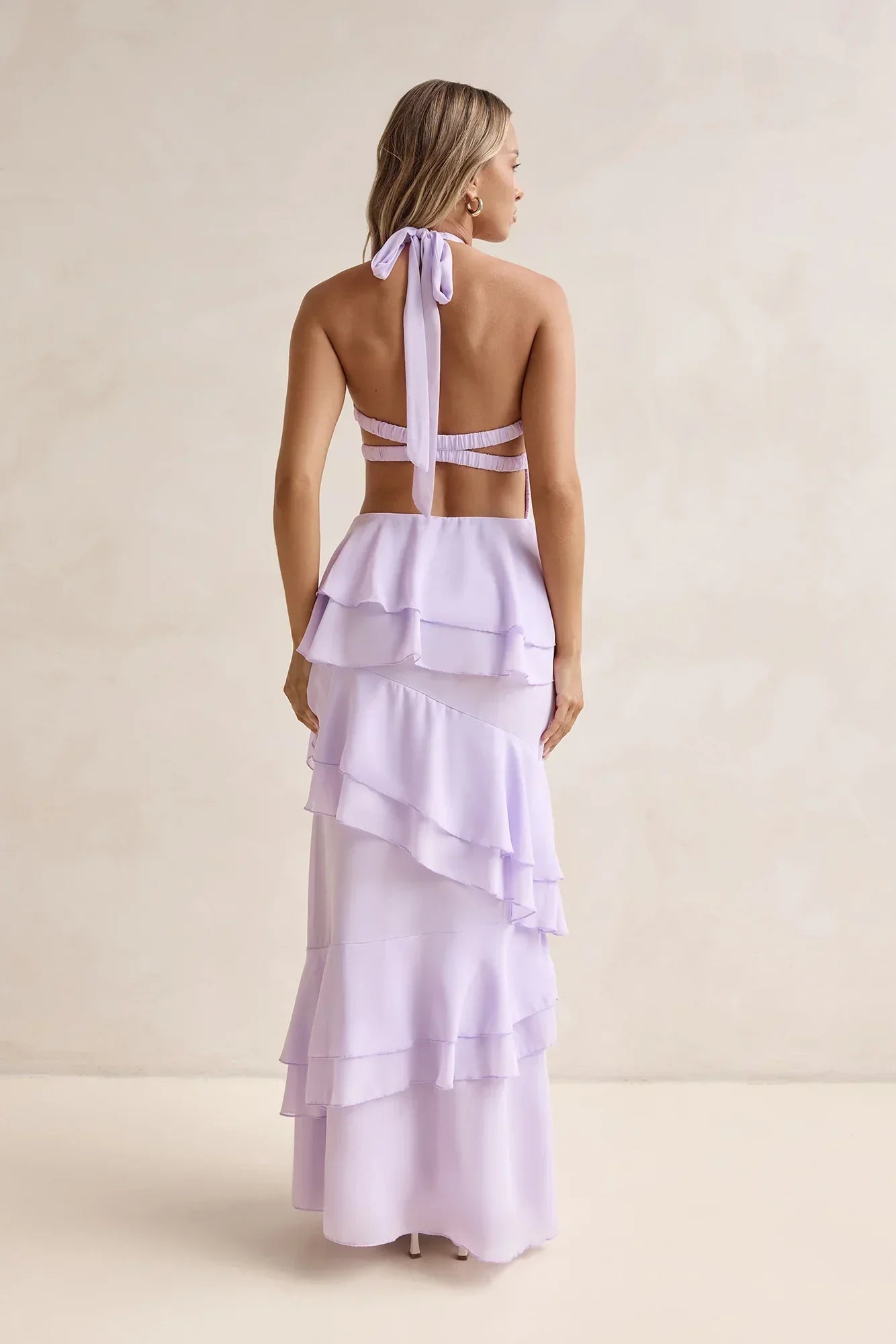 Lavender Halter Neck Tiered Ruffle Open Back Tie Floor Length Formal Evening Prom Dress