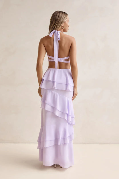 Lavender Halter Neck Tiered Ruffle Open Back Tie Floor Length Formal Evening Prom Dress