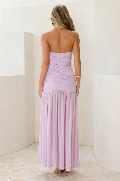 Lavender Maxi Evening Dresses with Strapless Ruched Waist 3D Floral Applique Flowy Chiffon Skirt