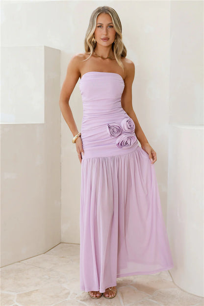 Lavender Maxi Evening Dresses with Strapless Ruched Waist 3D Floral Applique Flowy Chiffon Skirt
