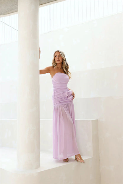Lavender Maxi Evening Dresses with Strapless Ruched Waist 3D Floral Applique Flowy Chiffon Skirt