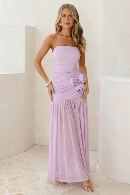 Lavender Maxi Evening Dresses with Strapless Ruched Waist 3D Floral Applique Flowy Chiffon Skirt