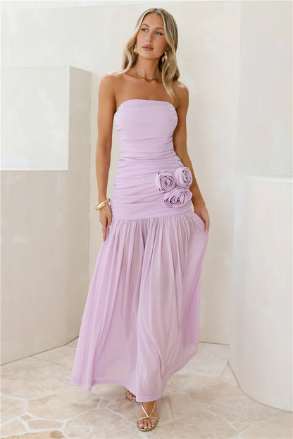 Lavender Maxi Evening Dresses with Strapless Ruched Waist 3D Floral Applique Flowy Chiffon Skirt