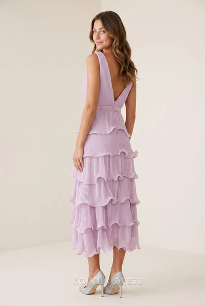 Lavender Pleated Chiffon Sleeveless Deep V Neck Low Back Tiered Ruffle Midi A Line Prom Dress